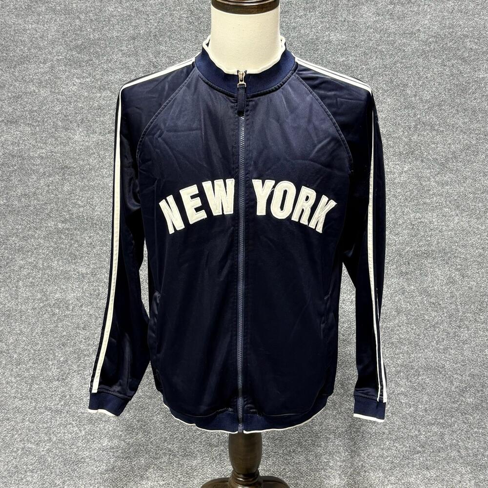 R.A.G. Jacket Mens Medium Blue New York Full Zip Track Stripe Sleeve Raglan